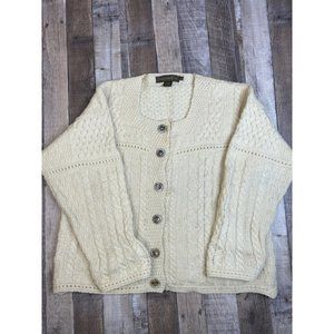 Inis Crafts Women L Irish Wool Cardigan Sweater Knit Beige Chunky Button Front